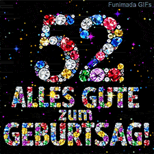 Ein schwarzer Hintergrund zeigt die Zahl 52 und den Schriftzug Alles Gute zum Geburtstag aus funkelnden Juwelen und bunten Lichtpunkten.