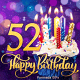 A blue-wrapped cupcake with burning candles near a large gold number 52. Cursive Happy Birthday text is below against a sparkling purple bokeh.