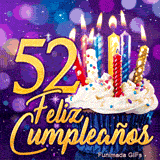 Imagen animada para el cumpleaños 52 presentando un pastelito festivo con velas encendidas y el número 52 dorado.