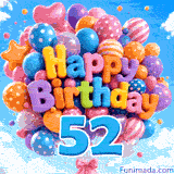 Swaying gently against white clouds, a vibrant balloon bouquet features Happy Birthday text and a blue digit 52 tied to the strings.
