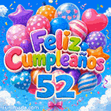 Imagen animada para el cumpleaños 52 mostrando globos de estrellas y corazones meciéndose sobre un cielo azul con nubes.