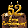 Buon compleanno 52 anni GIF. Torta al cioccolato e candele.