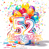 A festive birthday age GIF with animated star confetti, colorful balloons, and a gift box with the number 52. The text reads 'Happy Birthday'.