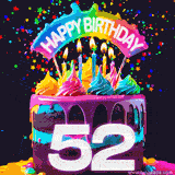 Chocolate cake with cyan layers, pink dressing and a big number 52 adorned with vibrant multicolored frosting, lit candles, and a rainbow topper with text that says 'Happy Birthday'. Animated colorful confetti move behind the cake.