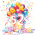 Des confettis animés, des ballons multicolores et un coffret cadeau dans un joyeux GIF de 52e anniversaire