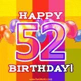 A birthday cake with lit candles is shown with colorful balloons and animated confetti.