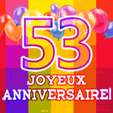 GIF animé 53 ans avec des ballons colorés, un grand chiffre 53 et 'Joyeux Anniversaire!' sur un fond éclatant.
