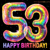 Shiny number 53 birthday celebration balloons with an iridescent glow and glitter on a black background with twinkling stars.