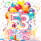 Animazione con palloncini colorati e scintillanti, accompagnata dal numero 53 in caratteri grandi e luminosi, e la scritta 'Tanti Auguri!' in stile vivace.