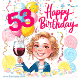 An animated birthday GIF featuring a smiling cartoon woman holding a glass of wine. Text reads 'Happy Birthday 53' surrounded by colorful balloons and confetti.