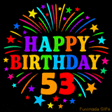 A birthday cake with lit candles is shown with colorful balloons and animated confetti.