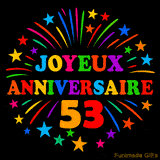 GIF animé 'Joyeux Anniversaire 53' avec des lettres colorées et des feux d'artifice éclatants