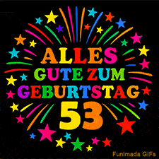 Animiertes GIF 'Alles Gute zum Geburtstag 53 mit bunten Buchstaben und leuchtenden Sternen
