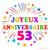 GIF animé joyeux anniversaire 53 ans avec étoiles multicolores et feu d’artifice