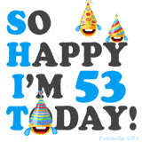 A fun birthday animation celebrating turning 53 with colorful party hats, smiling faces, and cheerful emojis.