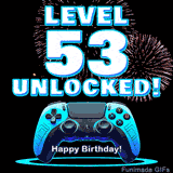 Animated GIF for a 53 birthday. The text 'Level 53 Unlocked!' and 'Happy Birthday!' are displayed over a blue video game controller with exploding fireworks in the background.