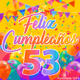 Un GIF animado para un 53º cumpleaños, Muestra el texto 'Feliz Cumpleaños 53' sobre un fondo amarillo vibrante con globos de colores, banderines y una lluvia de confeti.