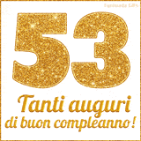 GIF animata per un 53° compleanno, Mostra il numero 53 in grandi caratteri dorati pieni di glitter scintillante, Sotto, la scritta 'Tanti auguri di buon compleanno!' in un elegante oro.