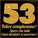 Un GIF animato per un 53° compleanno, Presenta il testo 'Buon Compleanno 53' su uno sfondo giallo vivo con palloncini colorati, festoni e una pioggia di coriandoli.
