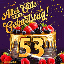 Eine köstlich aussehende animierte Geburtstagskarte für den 53. Geburtstag, dekoriert mit Erdbeeren, Blaubeeren und goldenen Details, Sterne funkeln und fallen, mit 'Alles Gute zum Geburtstag!'-Text.