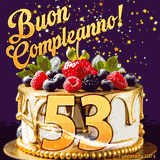 Un GIF animato di una bellissima torta per il 53° compleanno con glassa dorata e frutti di bosco freschi, Il numero dorato 53 è davanti, e stelle cadono su uno sfondo viola scuro.