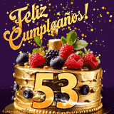 Una animación de celebración de una tarta para el 53º cumpleaños, Estrellas doradas caen del cielo, destacando el texto '¡Feliz Cumpleaños!' y el número dorado 53 en la tarta.