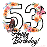 A floral 53rd birthday animated greeting card. The number '53' is surrounded by animated flowers and butterflies, creating a beautiful and cheerful way to celebrate the milestone.