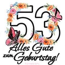 Ein florales GIF zum 53. Geburtstag. Die Zahl '53' ist von animierten Blumen und Schmetterlingen umgeben und bietet eine schöne und fröhliche Art, den Meilenstein zu feiern.