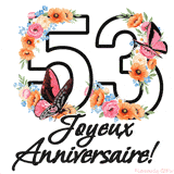 Ce GIF de Joyeux 53ème Anniversaire présente le nombre vingt rempli d'un bouquet vibrant de fleurs animées, avec des papillons qui bougent doucement sur un fond blanc.