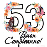Questo GIF di Buon 53° Compleanno mostra il numero venti riempito con un vibrante bouquet di fiori animati, con farfalle che si muovono dolcemente su uno sfondo bianco.