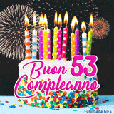 GIF 53 anni con animazione di candele, torta alla panna e spettacolari esplosioni pirotecniche dorate dietro la scritta.