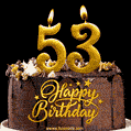 53 Birthday Chocolate Cake with Gold Glitter Number 53 Candles (GIF)