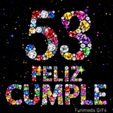 Composición del número 53 junto a las palabras FELIZ CUMPLE. Las letras y números se componen de joyas multicolores sobre un fondo negro.