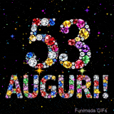 Su uno sfondo scuro, il numero 53 e la parola Auguri sono formati da diamanti multicolori, accompagnati da piccole stelle scintillanti.