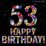 A black backdrop showing the number 53 and Happy Birthday text, both shaped by sparkling multi-colored diamonds surrounded by tiny shining colored sparks.