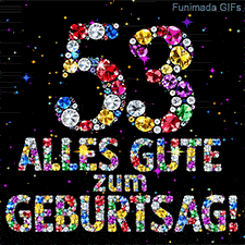 Aus farbigen Edelsteinen gestaltete Ziffer 53 und der Text Alles Gute zum Geburtstag vor einer dunklen Fläche mit kleinen leuchtenden Sternen.