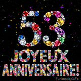 Sur un fond sombre, le chiffre 53 et Joyeux Anniversaire sont formés par des diamants multicolores, accompagnés de petites étoiles scintillantes.