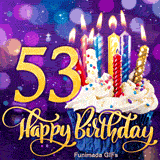 Golden number 53 and Happy Birthday script with a frosted cupcake topped with lit candles on a glowing, blurry purple lighted background.