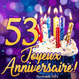 Carte virtuelle 53 ans : un cupcake garni de bougies illuminées et le chiffre 53 doré sur un fond lila féerique.