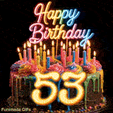 Rotating 53rd birthday cake GIF with colorful swirl icing, lit candles, glowing rainbow Happy Birthday sign, and yellow number 53.