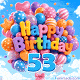 A big blue 53 is suspended from a moving cluster of festive balloons. The 3D balloon letters form Happy Birthday in a sunny blue sky.