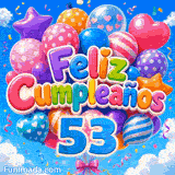 Tarjeta virtual 53 años: globos de colores con estampados de lunares y rayas, confeti volando y el número 53 azul.