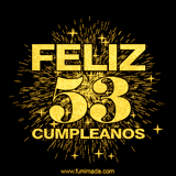 GIF animado con un diseño dorado, mostrando el número 53 rodeado de fuegos artificiales y luces que resaltan una atmósfera festiva y vibrante.