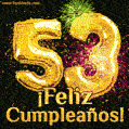 ¡Muy felices 53 años! GIF de texto dorado y fuegos artificiales.