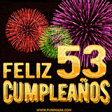 GIF animado con el número 53 en dorado, rodeado de fuegos artificiales rojos, verdes y morados, con el mensaje 'Feliz cumpleaños' en letras doradas.