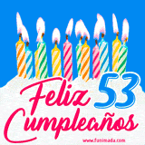 Animación de un pastel decorado con velas coloridas y encendidas, el número 53 destacado en azul y la frase 'Feliz cumpleaños' en letras estilizadas.