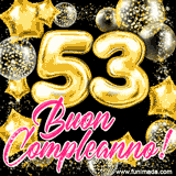 Animazione con palloncini dorati a forma del numero 53, circondati da decorazioni scintillanti e la scritta 'Buon Compleanno!' in caratteri rosa accattivanti.