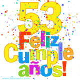 GIF festivo lleno de confeti de colores, el número 53 grande en amarillo y la frase 'Feliz cumpleaños' en letras multicolores y brillantes.