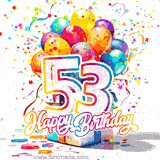A festive birthday age GIF with animated star confetti, colorful balloons, and a gift box with the number 53. The text reads 'Happy Birthday'.