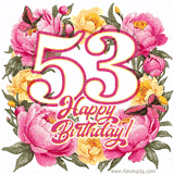 A celebratory GIF image features the animated number '53' and the words 'Happy Birthday!' surrounded by pink and yellow flowers. Two moving butterflies are included in this festive design.